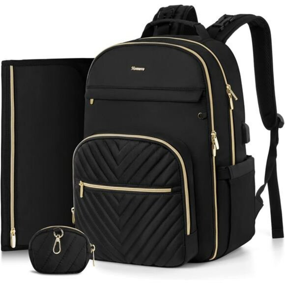 Large black diaper bag backpack quilted waterproof travel baby bag for mom dad - Picture 1 of 7